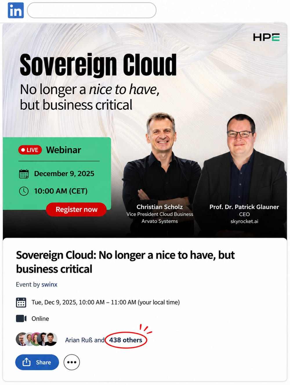 LinkedIn event page of a swinx webinar with 439 sign-ups