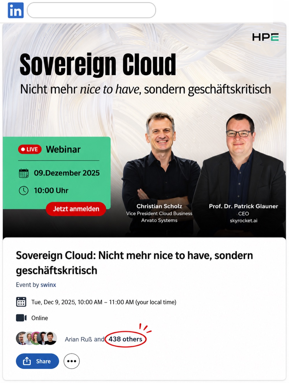LinkedIn-Event-Seite eines swinx-Webinars mit 439 Anmeldungen